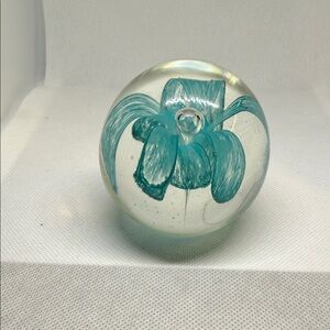 Glass Art Paper Weight Sphere with Teal Floral Design 2 Inches Tall